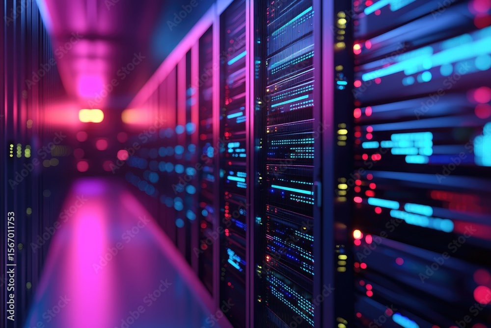 Poster 3D rendering of modern data center corridor with glowing LED server racks and vibrant neon lighting. Ideal for tech, networking, cloud storage, and futuristic infrastructure visuals