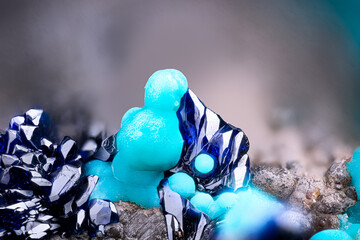 Dark blue Azurite with light blue Rosasite. Specimen from Hilarion Mine, Kamariza, Lavrion, Greece. Micro photography extreme close-up. microscope mineral crystal photography for Scientific use.