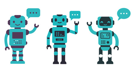Cartoon Teal Blue Robots with Smiling Faces and Speech Bubbles: Three Friendly Robots Waving and Chatting with Unique Designs on White Background for Tech and AI Concepts
