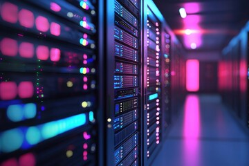 Futuristic server racks glowing with multicolored LED lights in a high-tech data center corridor. Ideal for cloud infrastructure, digital storage, and advanced network visuals