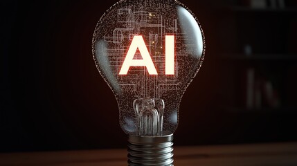 Digital light bulb icon with “AI” inside representing artificial intelligence, glowing circuitry pattern, clean background, modern design, innovation symbol.