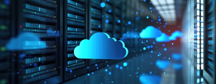 3D rendering of glowing blue cloud icons in a futuristic data center corridor representing cloud computing, storage, and secure server infrastructure. Ideal for tech and IT visuals