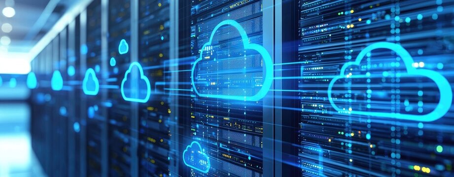 3D cloud computing concept with glowing blue icons connecting data servers in a modern digital infrastructure. Ideal for cloud network, technology, or IT service visuals