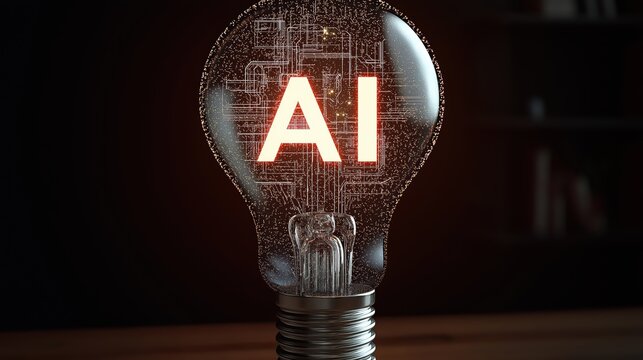 Digital light bulb icon with “AI” inside representing artificial intelligence, glowing circuitry pattern, clean background, modern design, innovation symbol.
