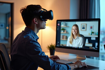 Young businessman multitasking with virtual reality headset during video conference.