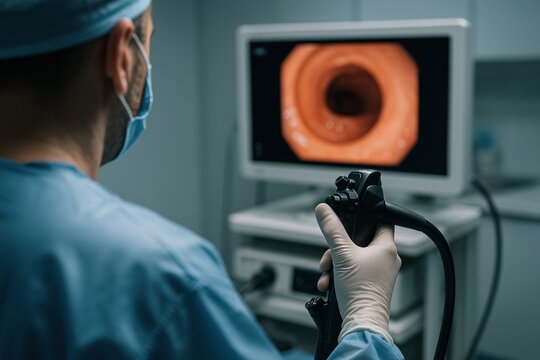 Colonoscopy Procedure: A focused doctor conducts a colonoscopy, intently observing the internal organ on a monitor. The image showcases the precision and detail of the medical procedure.