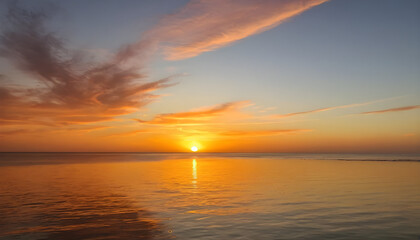 Golden Sunset Over Calm Ocean with Clear Orange Sky &ndash; Tranquil Seascape
