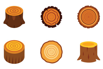 Cartoon Tree Stump and Wood Log Slice Vector Icons Set