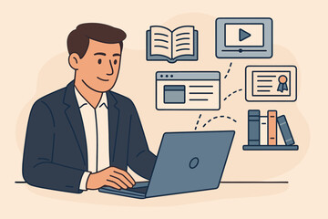 E-learning concept with businessman at laptop. Online education, professional skill development, and training. Student watches webinar, reads digital book, gets certificate. Flat vector.