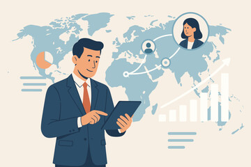 Businessman analyzing global business on tablet. World map with network connection, customer data, and sales growth graph. Concept for marketing, investment, and economic development.