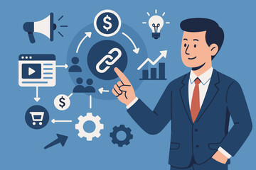 Businessman presenting a digital marketing strategy. Sales funnel concept with link building, e-commerce, and promotion icons. Vector illustration for business growth and finance.