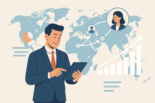 Businessman analyzing global business on tablet. World map with network connection, customer data, and sales growth graph. Concept for marketing, investment, and economic development.