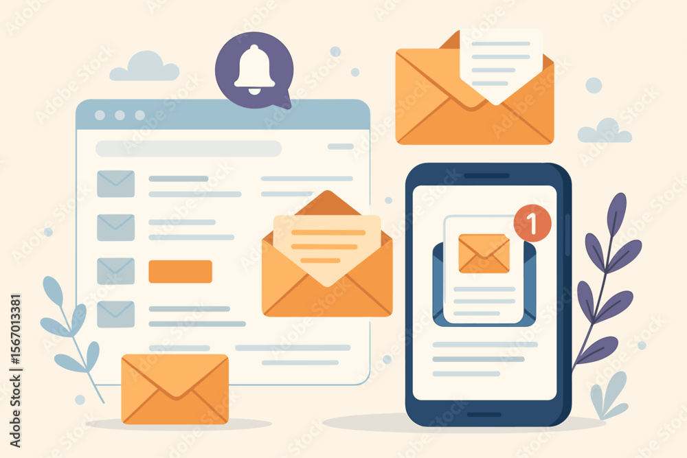 Poster email inbox notification concept. new message alert on smartphone and web. modern flat vector illust