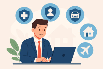 Businessman Using Laptop with Insurance Icons for Health, Life, Car, Home, Travel Coverage. Modern Flat Vector Illustration. Financial Security, Risk Management, Protection Concept