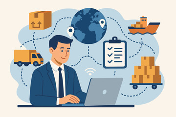 Businessman Using Laptop for Global Logistics Management, Supply Chain Technology, Inventory Control, Shipping Coordination, Delivery Tracking, Freight Transport, Distribution Planning Concept