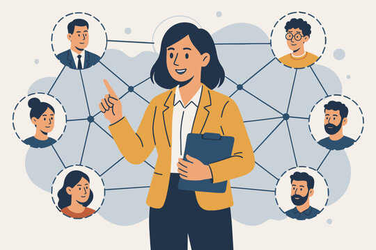 Human resources management concept. Business leadership, influencer and opinion leader. Recruitment, team staff management, professional networking, diverse people, technology, communication, teamwork