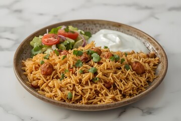 Delicious indian biryani with meatballs and fresh salad and yogurt sauce