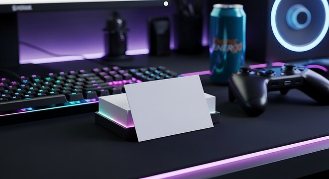 A stack of blank business cards sits on a gaming desk with a keyboard and accessories.