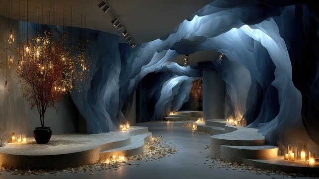 Serene Blue Cave Event Space with Candlelight Ambiance