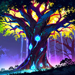 Neon-lit cyberpunk-style tree with holographic leaves and glowing circuitry patterns