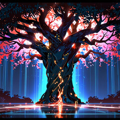 Neon-lit cyberpunk-style tree with holographic leaves and glowing circuitry patterns
