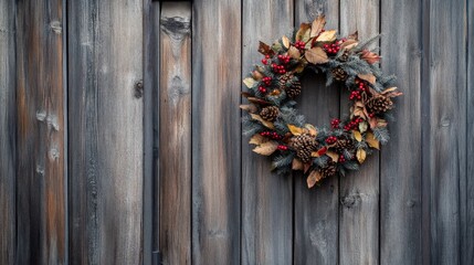 A christmas wreath hangs on a weathered wooden wall.