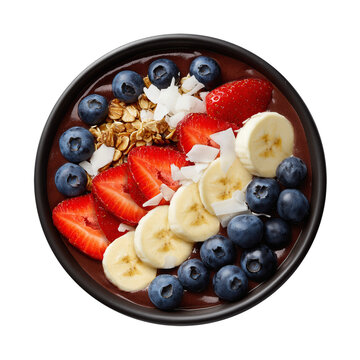 Acai smoothie bowl decorated with fresh blueberries, banana slices, strawberries, granola, and coconut flakes. Isolated on transparent background, top view.