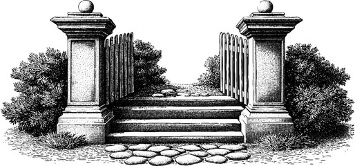 Open gate and stone pathway leading to a hidden garden retreat