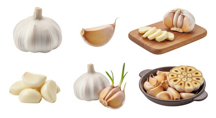 Fototapeta premium Fresh Garlic Bulbs and Cloves on Wooden Cutting Board, Perfect for Cooking and Flavoring Dishes, isolated on a transparent background