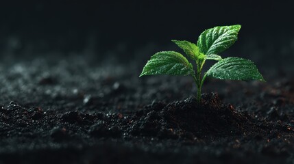 business + entrepreneur + growth concept. A small green plant emerges from dark soil, symbolizing growth and renewal.