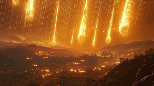 Destruction of Sodom and Gomorrah, fire and sulfur falling from the sky onto the sinful cities, biblical apocalypse scene with dark skies, flames, and divine judgment in dramatic realism.