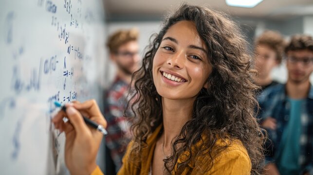 Happy college student writing equation on white board in class. Satisfied young girl solving math problem on whiteboard with classmates in background watching her. Proud high school student writing.