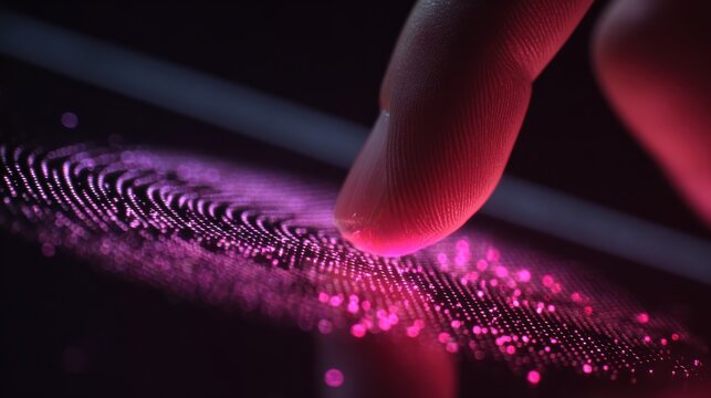 Close-up of a finger scanning a fingerprint on a futuristic, pink-lit device. The scanned fingerprint is digitally displayed as glowing dots. High-tech security or biometric identification concept.