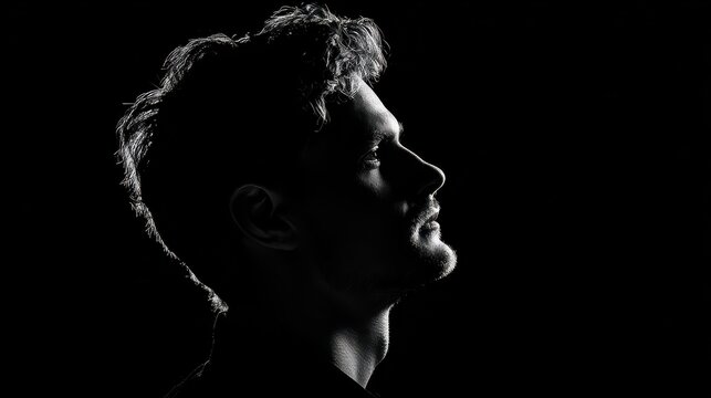 black and white photo depicts the silhouette profile portrait from above of an attractive man with short hair, looking slightly to his right side