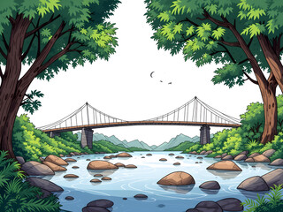 A bridge spans a river with trees on either side