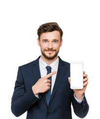 Businessman holding smartphone office portrait professional focused isolated on transparent background
