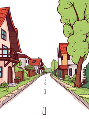 A cartoon drawing of a street with houses on either side