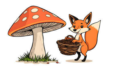 A cartoon fox is holding a basket and standing next to a mushroom