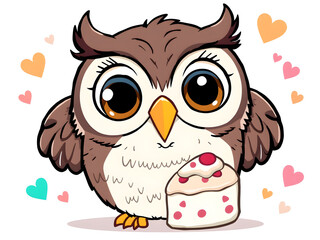 A cute owl is holding a cake with a heart on it