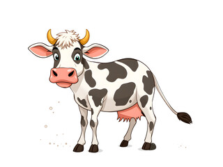 A cartoon cow with a white face and black spots stands in a field of dirt