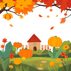 A colorful autumn scene with a house and a fence in the background
