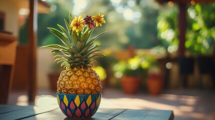 A whimsical inspired depiction of image of a pineapple plant in a colorful pot on a patio