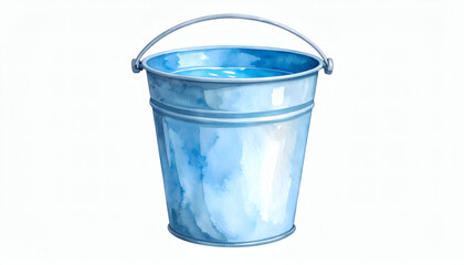 Bucket with water brush painted with subtle highlights and shadows on white background for artistic and realistic design concepts