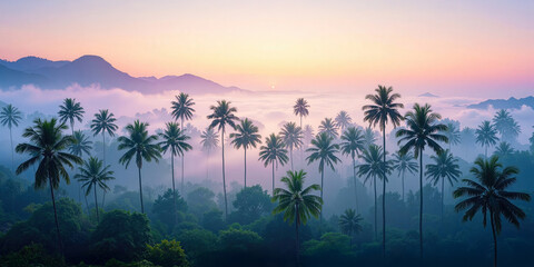 Palm grove in morning mist with mountain silhouettes and pastel sky at sunrise. Great for travel banners, wellness covers, tropical ads, and relaxation visuals.