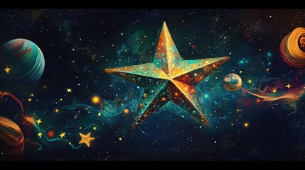 A whimsical inspired depiction of star tattoo design incorporating cosmic elements like planets
