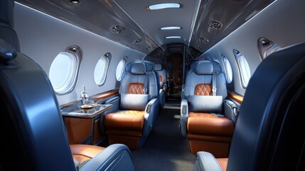 General plan. Expensive interior of a private jet with leather seats. The concept of comfortable transportation.