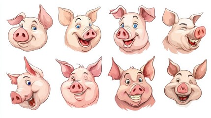 Pig Head Cartoon Characters 3. Vector Collection Set, no logos, no brands
