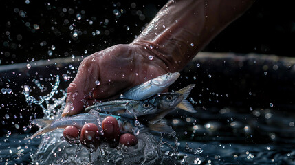 Fototapeta premium Young woman holding a fishes in water