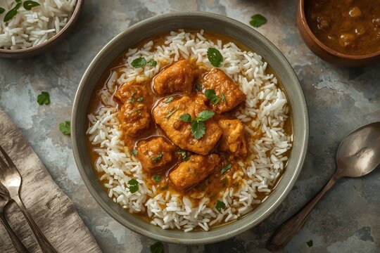 Delicious indian chicken tikka masala served with basmati rice and garnish
