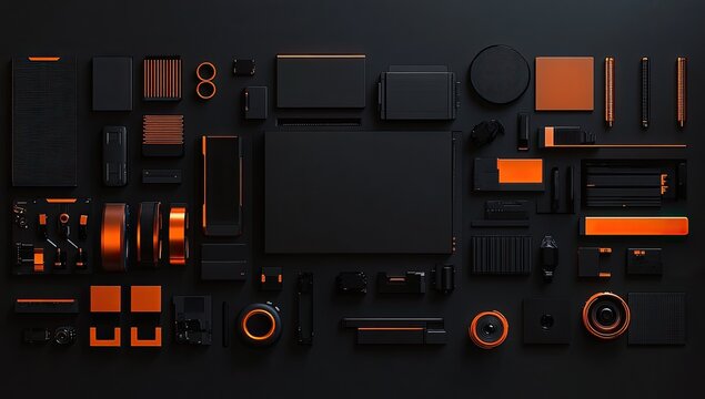 Flatlay of various dark objects, with orange accents.  Geometric shapes arranged on a dark background.  Modern, technological aesthetic
